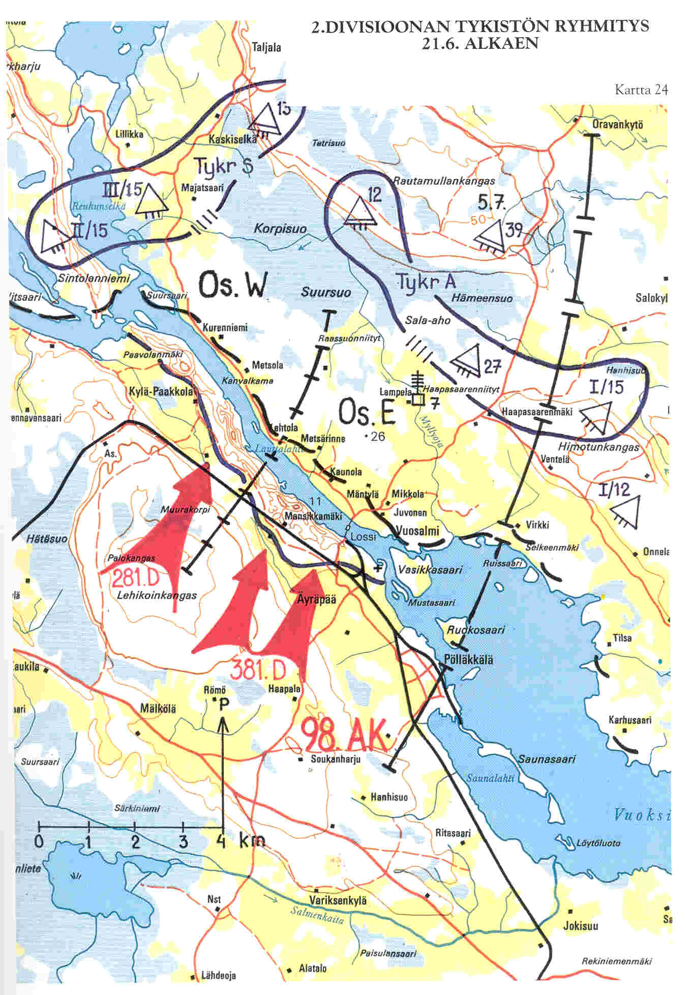 2D:n tykistön ryhmitys 21.6.1944